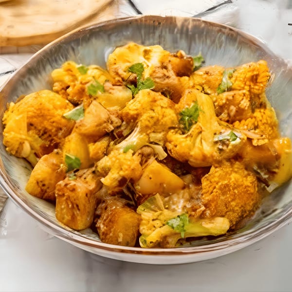 A bowl of Gobi Aloo, an Indian dish with cauliflower and potatoes in a rich, golden sauce.