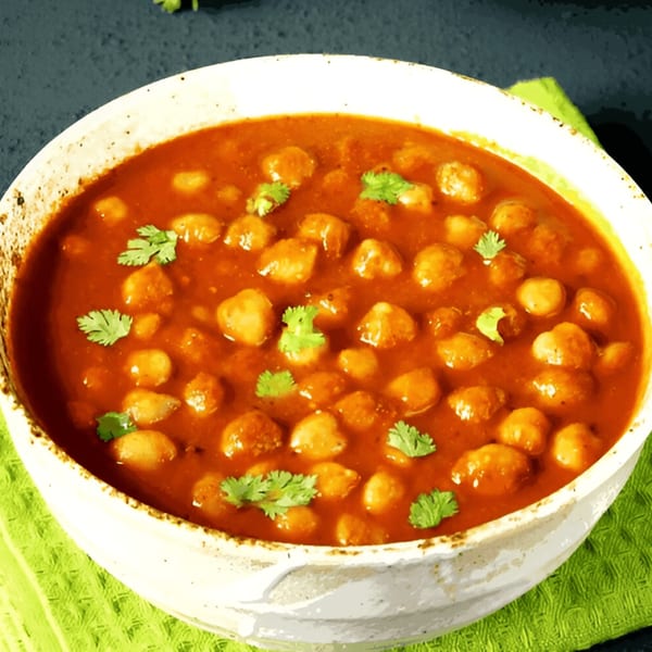 A white bowl of Tandoor Fine Indian Cuisine's chana masala, garnished with fresh cilantro.