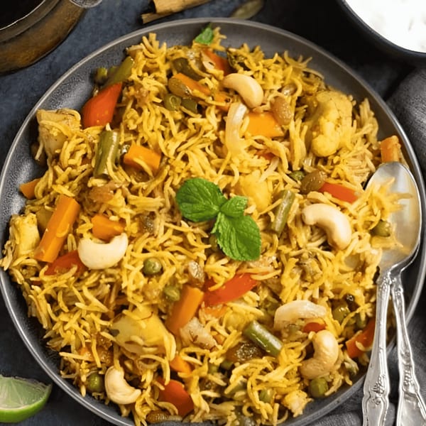 A close-up of vegetable biryani with cashews, mint, and a lime wedge on a dark plate.
